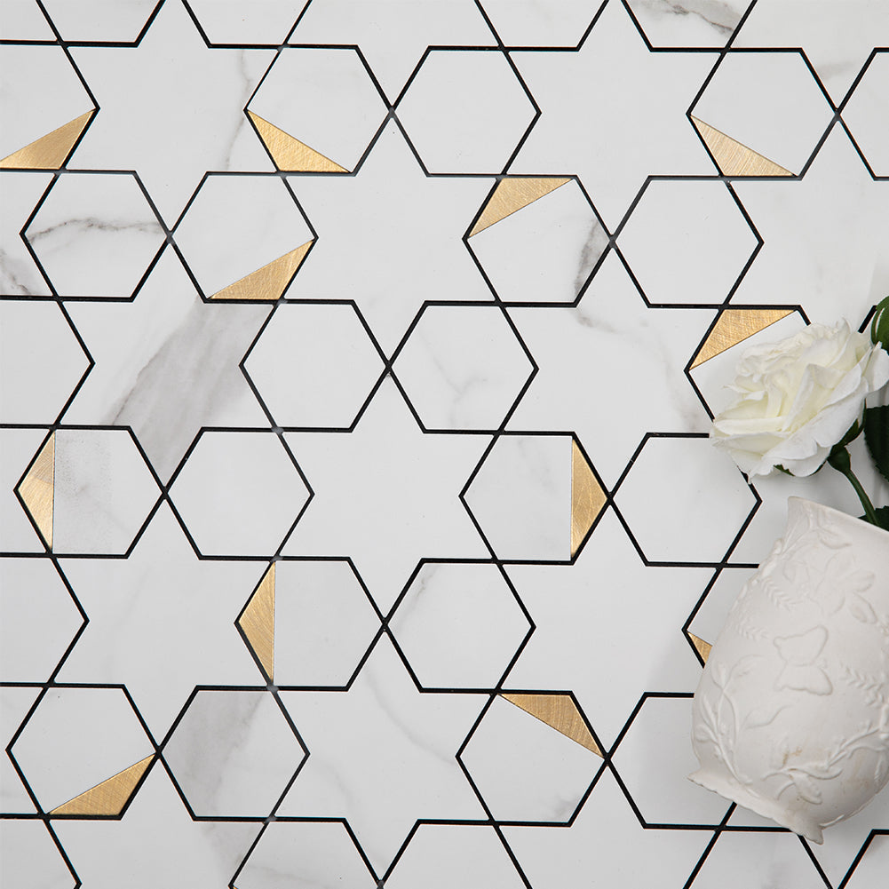 5-Sheet Peel and Stick Backsplash Tile PVC White Marble Stone with Gold Metal Tile Star Hexago